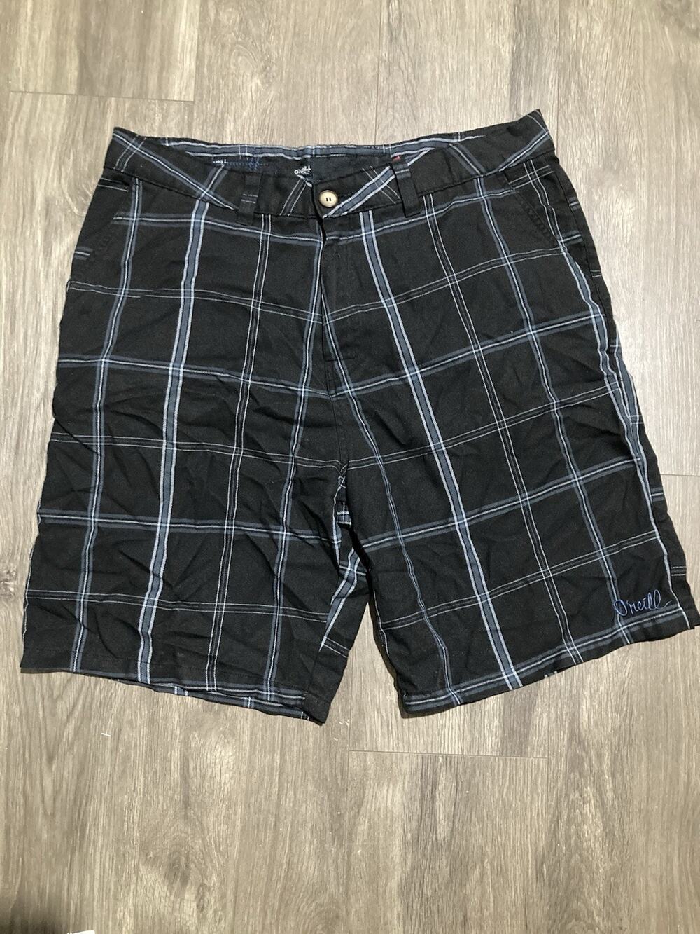 O'Neill Men's Black Plaid Chino Shorts Flat Front Logo Button Pockets Size 38